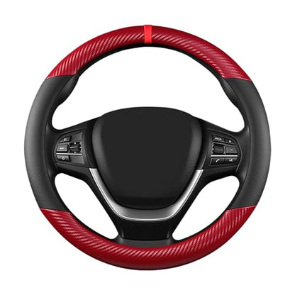 Black & Red Carbon Fiber Leather Steering Wheel Cover, Microfiber Leather, Anti-Slip, Breathable, Universal Fit for 14.5–15 in Steering Wheel Cover for Men Women - color: Splicing Carbon Fiber - Black and Red