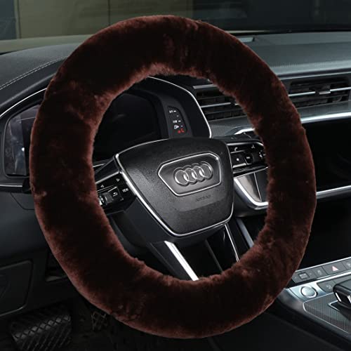 Fluffy Fur Wool Sheepskin car Steering Wheel Cover, Fuzzy Protector for Universal Steering Wheel 15inch, Anti-Slip,Comforting and Luxurious, Soft Texture (Mocha) - color: Mocha