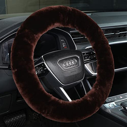 Fluffy Fur Wool Sheepskin car Steering Wheel Cover, Fuzzy Protector for Universal Steering Wheel 15inch, Anti-Slip,Comforting and Luxurious, Soft Texture (Mocha) - color: Mocha
