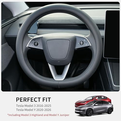 Nappa Leather Steering Wheel Cover Compatible with Tesla Model 3/Y 2016-2025 2026 Juniper/Highland, Non-Slip Breathable Model 3/Y Steering Wheel Protector, Black - color: Black