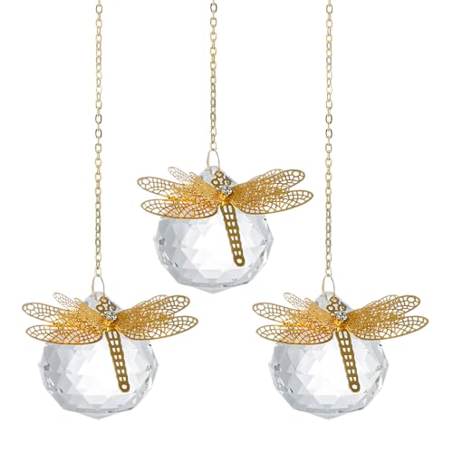 Crystal Suncatchers Gold Dragonfly 40mm Crystal Prisms Ball Rainbow Maker with Chain for Window Hanging Decoratioin 3 Pack