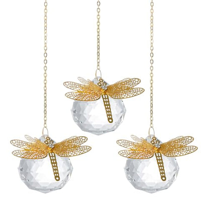 Crystal Suncatchers Gold Dragonfly 40mm Crystal Prisms Ball Rainbow Maker with Chain for Window Hanging Decoratioin 3 Pack