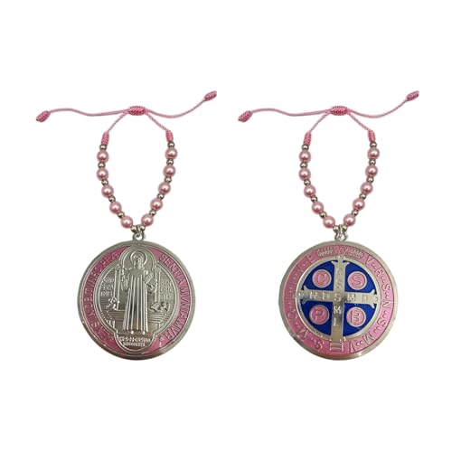 Escapularios Catolicos,2PCS Golden Saint Benedict Medal Protection Blessing Charm, St Benedict Crucifix, Catholic Handmade Jewelry Gift Car Hanging Home Decor (2PCS Pocket Pink)