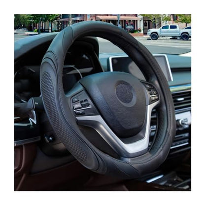 15 Inch Car Leather Steering Wheel Cover, Automotive Accessories Elastic Breathable Anti-Slip Soft Wheel Protector Fits Men and Women, Suitable for SUVs, Trucks, Vehicles and RVs (Black) - color: Black