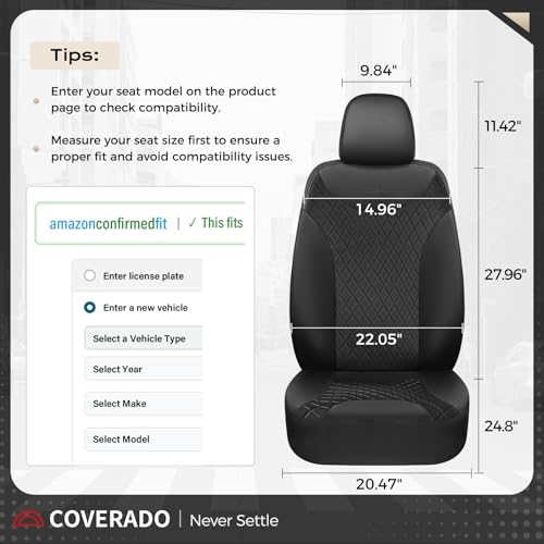 Coverado Front Seat Covers, Black Leather Car Seat Covers 2-Pack, Waterproof Car Seat Protectors, Automotive Seat Covers, Driver Seat Covers Universal Car Seat Cushions Fit for Most Sedan, SUV, Truck