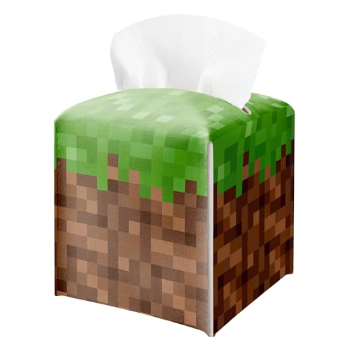 Pixel Grass Block Square Leather Tissue Box Cover – Pixel Theme Party Tissue Box Cover Holder Square, Pixelated Decor for Bathroom Nightstand Kitchen, Birthday Party Gift for Kids & Their Friends - color: Green03
