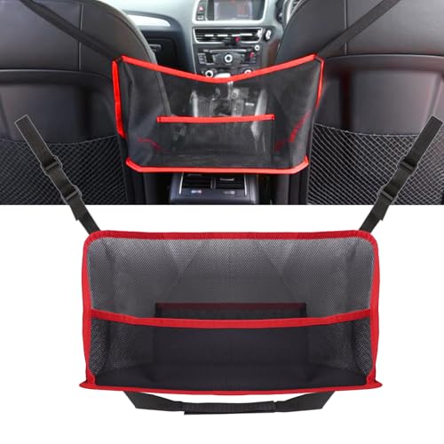 Car Storage Bag, Auto Net Pocket Handbag Holder, Driver Storage Netting Pouch for Document Phone Tissue Purse Storage, Organizer Mesh Bag Between Two Seats, Backseat Pets Barrier, Red