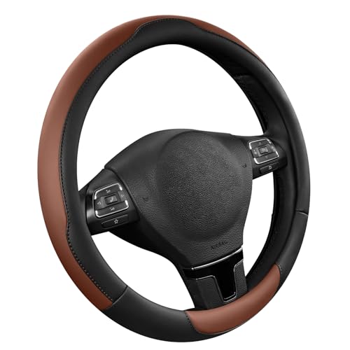 Road Comforts Steering Wheel Cover, Breathable Anti-Slip Leather Steering Wheel Cover, Universal Fit 14.5–15 Inch, Comfortable Grip - Brown Color
