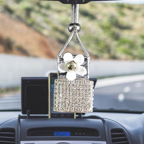 Hanging Car Accessories Charm, Bling Auto Rear View Mirror Pendant, Cars Aromatherapy Fragrance Perfume Pendant Bottle, Car Decorations for Women Men Presents (Silver) - color: Silver