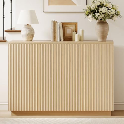 Sideboard Buffet Cabinet with Storage - 47" Fluted Coffee Bar Cabinets Credenza with Adjustable Shelves, Accent Buffets & Sideboards Console, Wood Side Board for Living Room, Kitchen, Entryway - color: Natural Wood