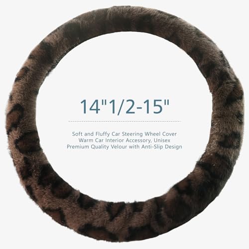 ZHOL Fuzzy Car Steering Wheel Cover,Universal Fit Fur Auto Wheel Cover,Leopard Warm Fluffy Vehicle Wheel Protector Car Accessories,Cheetah Print Steering Wheel Cover for Men Women (Brown)