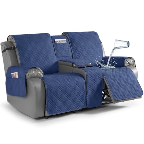 TAOCOCO Loveseat Recliner Cover with Center Console, 100% Waterproof Pet Cover for Dual Recliner with Straps Design, Split Reclining Loveseat Covers Furniture Pet&Kids Protector (2 Seater, Ocean Blue) - color: Ocean Blue, size: 2 Seater
