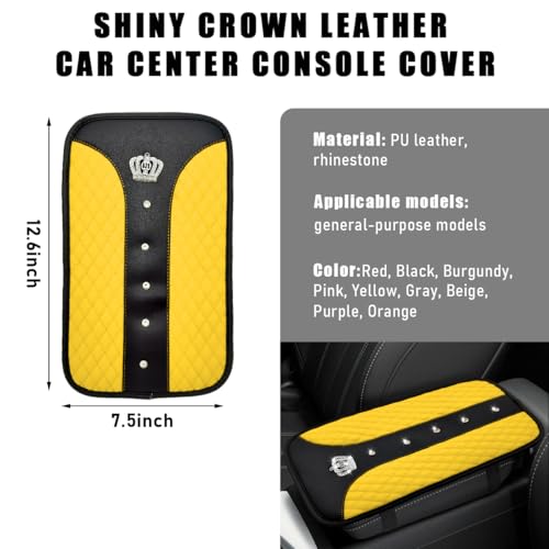 Bling Crown Car Center Console Mats, Anti-Slip and Waterproof Crystal Car Armrest Pad Protector, Universal Rustproof Armrest Decor Cushion for Cars & SUVs, Car Accessories (Yellow) - color: Yellow