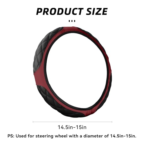 15 Inch Car Leather Steering Wheel Cover, Automotive Accessories Elastic Breathable Anti-Slip Soft Wheel Protector Fits Men and Women, Suitable for SUVs, Trucks, Vehicles and RVs (Wine red) - color: Wine red