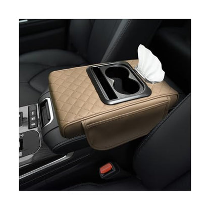 Car Center Console Armrest Pillow, Multifunctional Armrest Box Cover with Cup Phone Tissue Holder & Side Pockets, Waterproof Leather Middle Console Cushion for Most Vehicles (Beige, Embroidered) - color: Beige, size: Embroidered