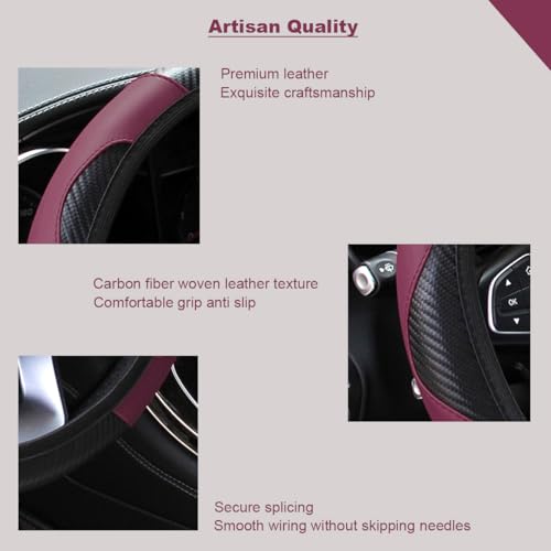 Ultra Fine Carbon Fiber Leather Steering Wheel Cover, Anti Slip and Sun Protective Protect The Steering Wheel, Easy to Install,Universal of 14.5"-15" (Wine red) - color: Wine red
