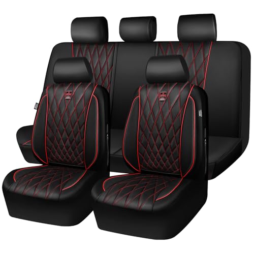 CAR PASS Piping Luxury Leather Seat Covers Full Set,5 Seats Anti-Slip Waterproof Seat Covers Compatible with Front Armrests,Universal Fit for Sendan SUV Van Truck,Airbag Compatible,Black and Red - color: Black with Red, size: Full Set
