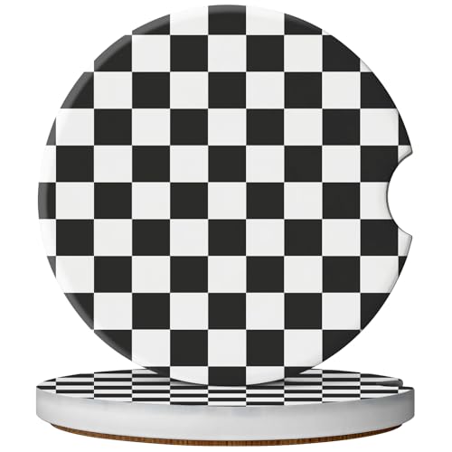 2 Pack Car Coasters for Cup Holders, Absorbent Ceramic Cup Coaster with Cork Base and Finger Notch, Cute Car Accessories Interior for Women Men (Grid-Black) - color: Grid-Black