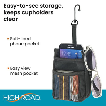 High Road Air Vent Mount Car Cell Phone Holder with Soft Lined Back Pocket and Front Mesh Storage Pocket