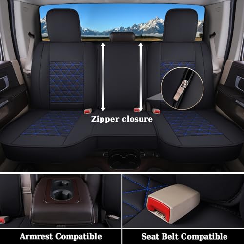 Coverado RAM Seat Cover Full Set, Leather Seat Covers Fit for Dodge RAM 1500, Truck Seat Covers Custom Fit for 2002-2026 Dodge RAM 1500 2500 3500 Crew Quad Cab with Curved Bench, Blue - color: Blue (curved back), size: FullSet (Curved Back)