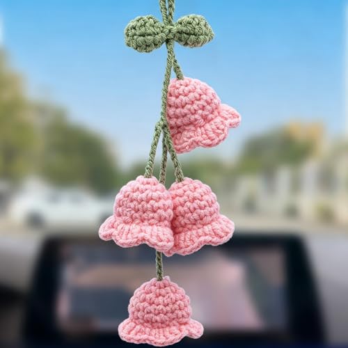 Car Mirror Hanging Accessories - Handmade Knitted Lily Flower Pendant, Cute Crochet Hanging Decor for Rearview Mirror, Women's Car Interior Decoration (1 PCS, Pink) - color: Pink-4