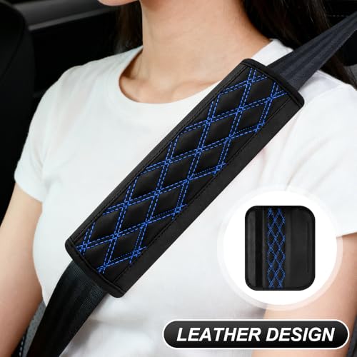 2PCS Car Seat Belt Cover Pads, Leather Seatbelt Covers for Cars, Breathable Leather Shoulder Pads Protect Your Neck, Automotive Interior Seat Strap Protecter Cushion for Most Autos (Blue) - color: Blue
