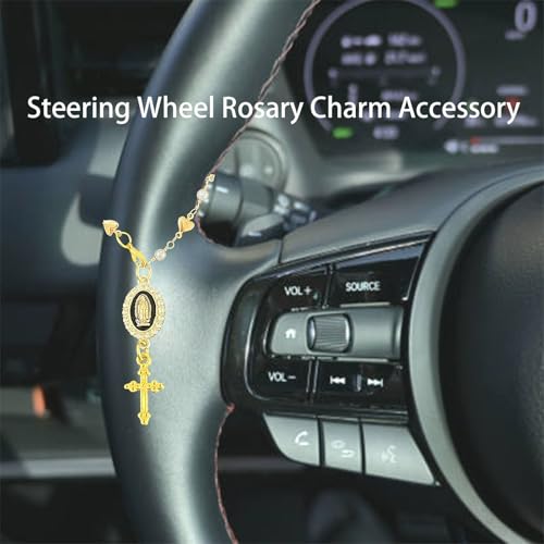 Steering Wheel Rosary Charm Accessory, Hanging Cross for Car, Car Rosary for Rearview Mirror, Steering Wheel Charm, Catholic Rosary Hanging Pendant, Christian Car Accessories (Black) - color: C