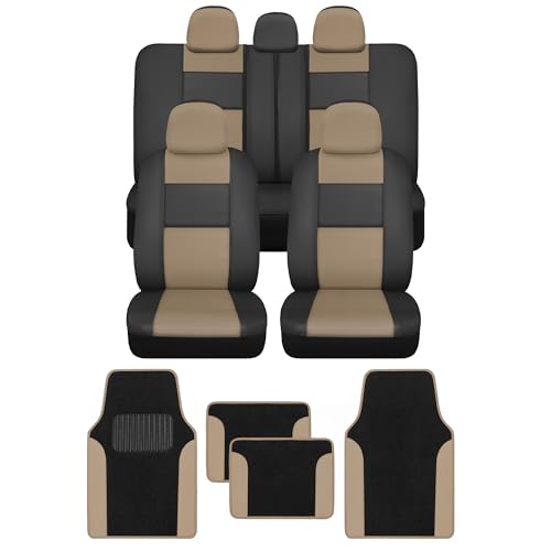 BDK Beige Faux Leather Car Seat Covers Full Set with Matching Carpet Car Floor Mats - Universal Front & Back Bench Car Seat Protector & Car Mats Full Set for SUV & Truck Automotive Interior Liner - color: Beige