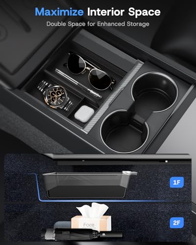Center Console Organizer Tray for Tesla Model Y Juniper 2025 2026 (Premium & Performance) & Model 3 Highland, PC Material & Silent Silicone Armrest Storage Box Wireless Charging Pad Cup Holder - size: Model Y Juniper & Model 3 Highland