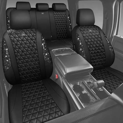 CAR PASS Bling Diamond Black Leather Car Seat Covers Full Sets Interior Sets, Waterproof Shining Glitter Sparkly Crystal Universal Armrest Fit Automotive Truck SUV Cute Women Girl, Black PU Rhinestone - color: Black Rhinestone, size: Full Set