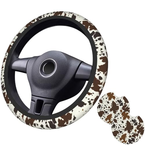 Brown Western Cow Print Steering Wheel Cover for Women Men with 2 Pcs Car Coasters, 15 Inches Neoprene Anti-Slip Cute Universal Car Accessories Protective Cover for Vehicle - color: Brown Cow Print