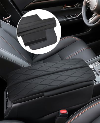 INTGET Center Console Cover for Mazda CX5 Accessories 2026/CX50 CX-50 2023 2024 2025 2026 Car Interior Leather Armrest Arm Rest Lid Cushion Pad Protector (2023+, Black Stitches with Pattern) - size: Black Stitches with Pattern