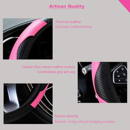 Ultra Fine Carbon Fiber Leather Steering Wheel Cover, Anti Slip and Sun Protective Protect the Steering Wheel, Easy to Install,Universal of 14.5"-15" (Pink) - color: Pink