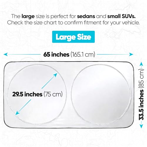 FORTEM Car Sun Shade for Windshield, Reflective Windshield Sunshade, 240T Polyester, Automotive Interior Sun Protection, Ultimate Heat and UV Shield, Foldable, Storage Bag - size: Large (65" x 33.5")
