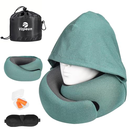 Travel Pillow - Hooded Neck Pillow Airplane Memory Foam Filling for Plane, Office, Cars Sleeping, Road Trip, Long Flights, Airplane Travel Essentials, Includes Eye Mask & Earplugs (Green) - color: Green