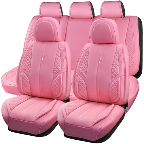 CAR PASS Nappa Pink PU Leather Car Seat Covers Full Set Cute for Women Waterproof Cushioned,Universal Fit for Sedan SUV Pick-up Truck,Automotive, Anti-Slip Front and Backseat Luxury Premium (Pink) - color: Pink, size: Full Set