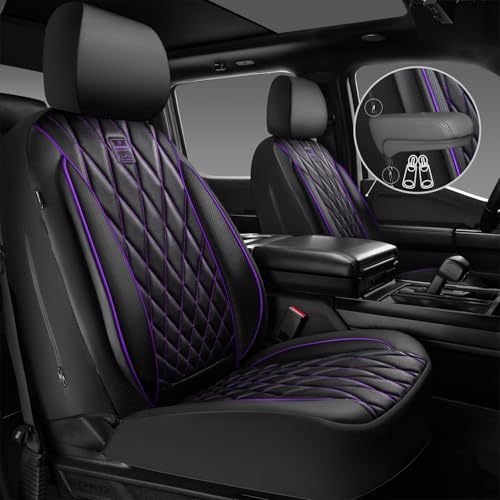 CAR PASS Piping Luxury Faux Leather Two Front Car Seat Covers, Waterproof Anti Slip Premium Automotive Seat Covers,Universal Fit for Suvs,Vans,Trucks, Armrest Airbag Compatible (Black and Purple) - color: Black and Purple, size: Two Front