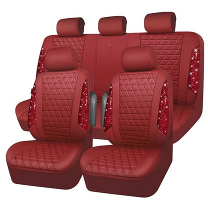 CAR PASS Bling Diamond Burgundy Leather Car Seat Covers Full Sets Interior Sets, Waterproof Shining Glitter Sparkly Crystal Universal Armrest Fit Automotive Truck SUV Cute Women Girl, Red Rhinestone - color: Burgundy Rhinestone, size: Full Set