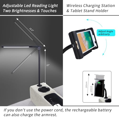 Removable Sofa Armrest, Dual Cup Holders Large Size Multifunctional Couch Caddy Storage Arm Rest with Power Wireless Charging Stand & LED Reading Light for Sofa Middle Seat Parts