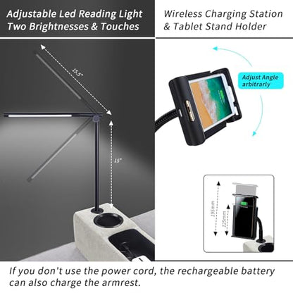 Removable Sofa Armrest, Dual Cup Holders Large Size Multifunctional Couch Caddy Storage Arm Rest with Power Wireless Charging Stand & LED Reading Light for Sofa Middle Seat Parts