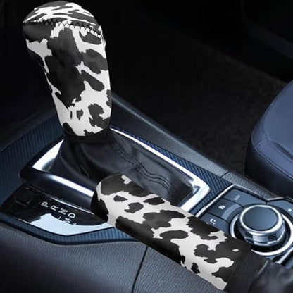 Cow Print Car Handbrake Cover Gear Shift Knob Cover Set, Automotive Shift Protector Cover Interior Accessiores Universal Fit Most Vehicle SUV Truck - color: Cow Print