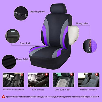 CAR PASS Line Rider Sporty Cloth Universal Fit Car Seat Cover -100% Breathable with 5mm Composite Sponge Inside,Airbag Compatible,3zipper Bench(Full Set, Black and Purple) - color: Black and Purple, size: Full Set