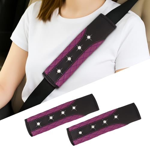 Hovom 2PCS Bling Car Seat Belt Cover Pad, Leather Seatbelt Covers for Cars, Soft Safety Seatbelt Shoulder Strap Covers, Rhinestone Auto Seat Belt Protector Cushion for Women Girls (Purple) - color: Purple
