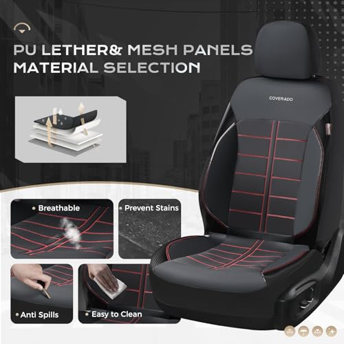 Coverado Full Set Leather Car Seat Covers, Crafted with Full Leather Construction and Carbon Fibre Weave Universal Fit for Most Cars SUV Trucks(Redline - color: RedLine, size: FullSet