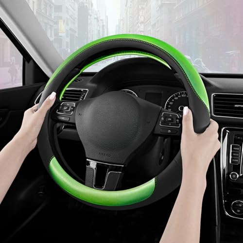 Road Comforts Steering Wheel Cover – Breathable Leather Steering Wheel Cover, Anti-Slip Grip, Universal Fit 14.5” to 15”, Heat & Cold Resistant for Cars, SUVs, and Trucks – Black & Shining Green - color: Black&Green