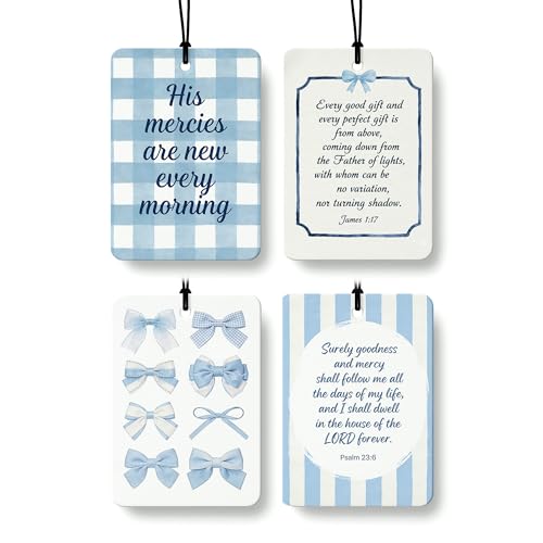 Preppy Blue Christian Air Freshener 4 Pcs, Coquette Blue Bow Religious Bible Verse Hanging Air Freshener for Cars Closet Drawer Books, Girly Christian Car Accessories Mirror Decor for Women - color: Blue Christian-Preppy