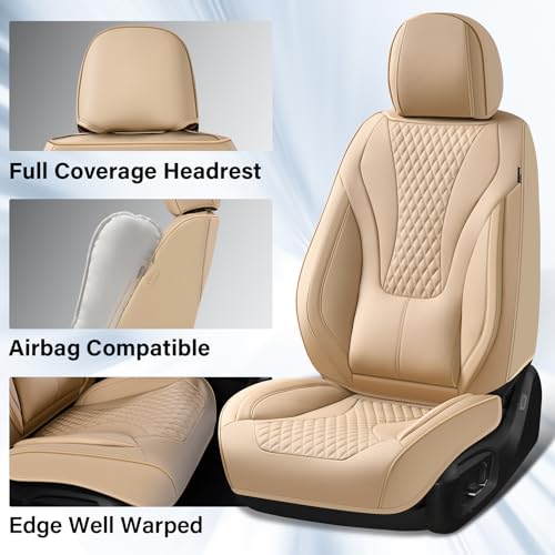 Coverado Waterproof Nappa Leather Car Seat Covers, Automotive Fullset Seat Covers, 5 Seat Car Seat Cushion & Car Seat Protector, Beige Front and Rear Covers Universal Fit for Most Cars, SUVs, Trucks - color: Beige-N, size: FullSet
