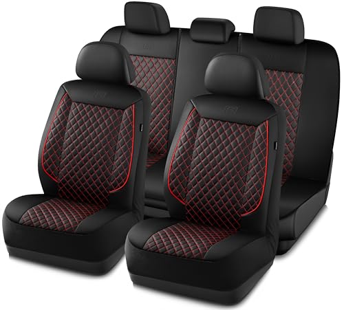 Skechers Car Seat Covers,Piping Luxury Faux Seat Covers,Waterproof Anti Slip Car Seat Protector Full Set,Car Accessories Airbag Universal Fit for Most Cars,Vans,Trucks,SUV,Red - color: Black and Red, size: Full Set