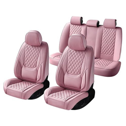 Car Seat Covers Full Set Pink, Luxury Faux Leather Car Seat Covers Waterproof Non-Slip Seat Protector Universal Fit for Most Cars SUVs Trucks Pick-ups, Cute Pink Car Accessories for Women