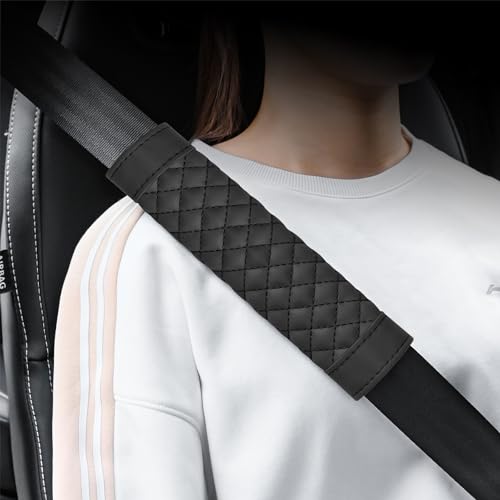 2PCS Car Seat Belt Cover Pad,Soft Leather Seatbelt Covers Breathable Seatbelt Cushion with Plaid Design,All Seasons Universal Car Interior Accessories Seat Belt Cover for Kids & Adults (Black)